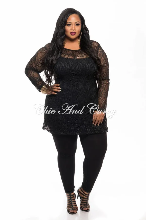 Final Sale Plus Size Long Sleeve Lace Netting Design Top in Black Work Essential