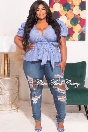 Comfort Design Tagless Labeling Final Sale Plus Size Faux Wrap Peplum Top with Waist Tie in Blue Stripe Print