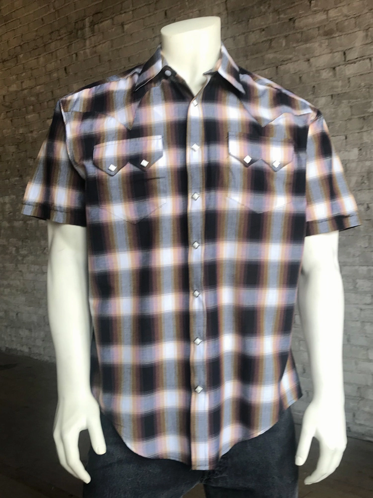 Button front Rockmount Mens Brown 100% Cotton Shadow Plaid Western S/S Shirt
