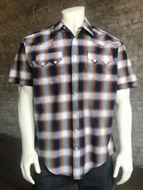 Button front Rockmount Mens Brown 100% Cotton Shadow Plaid Western S/S Shirt