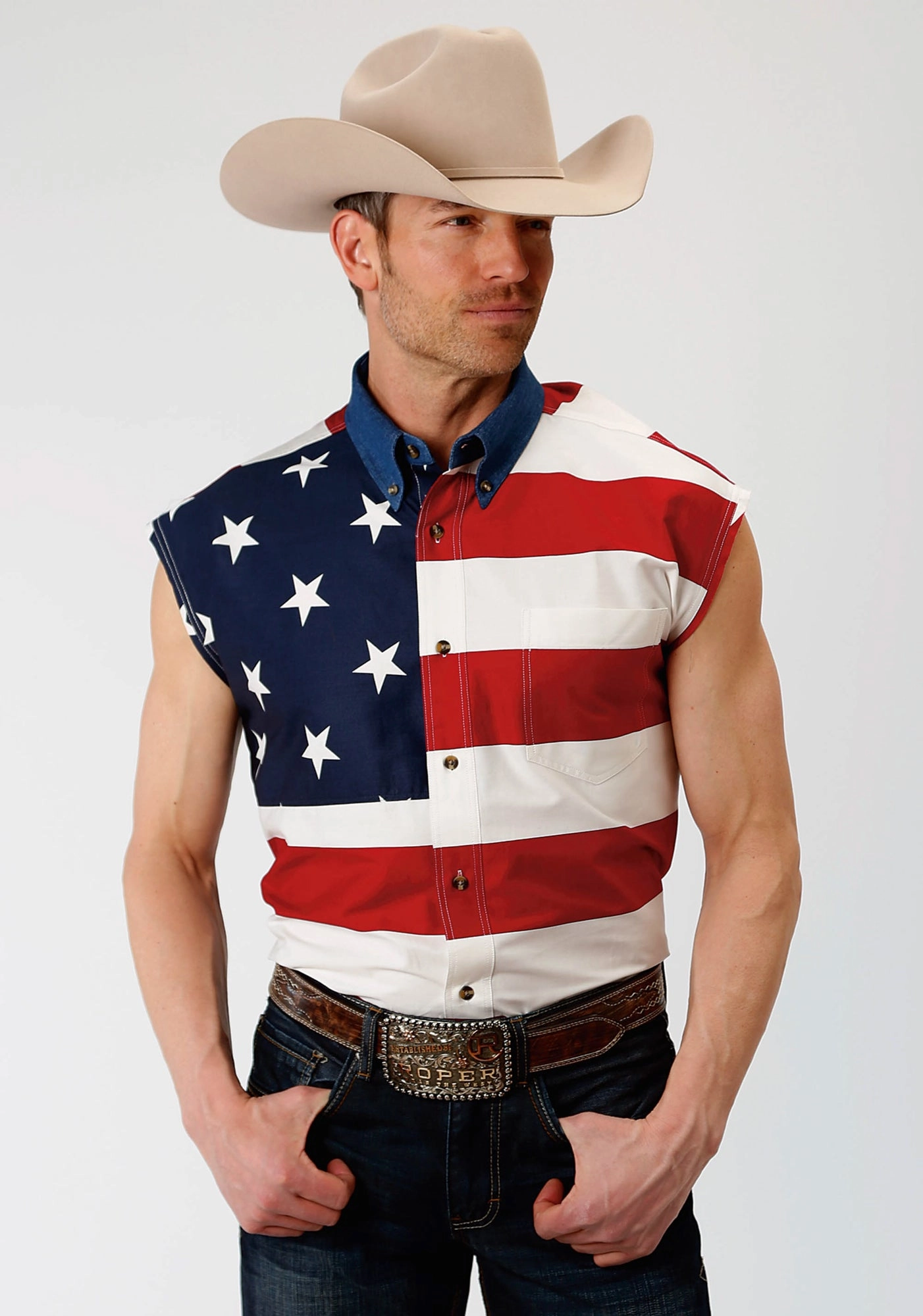 Roper Mens Multi-Color 100% Cotton American Flag BD S/L Patriotic Shirt Abrasion Resistant Edging