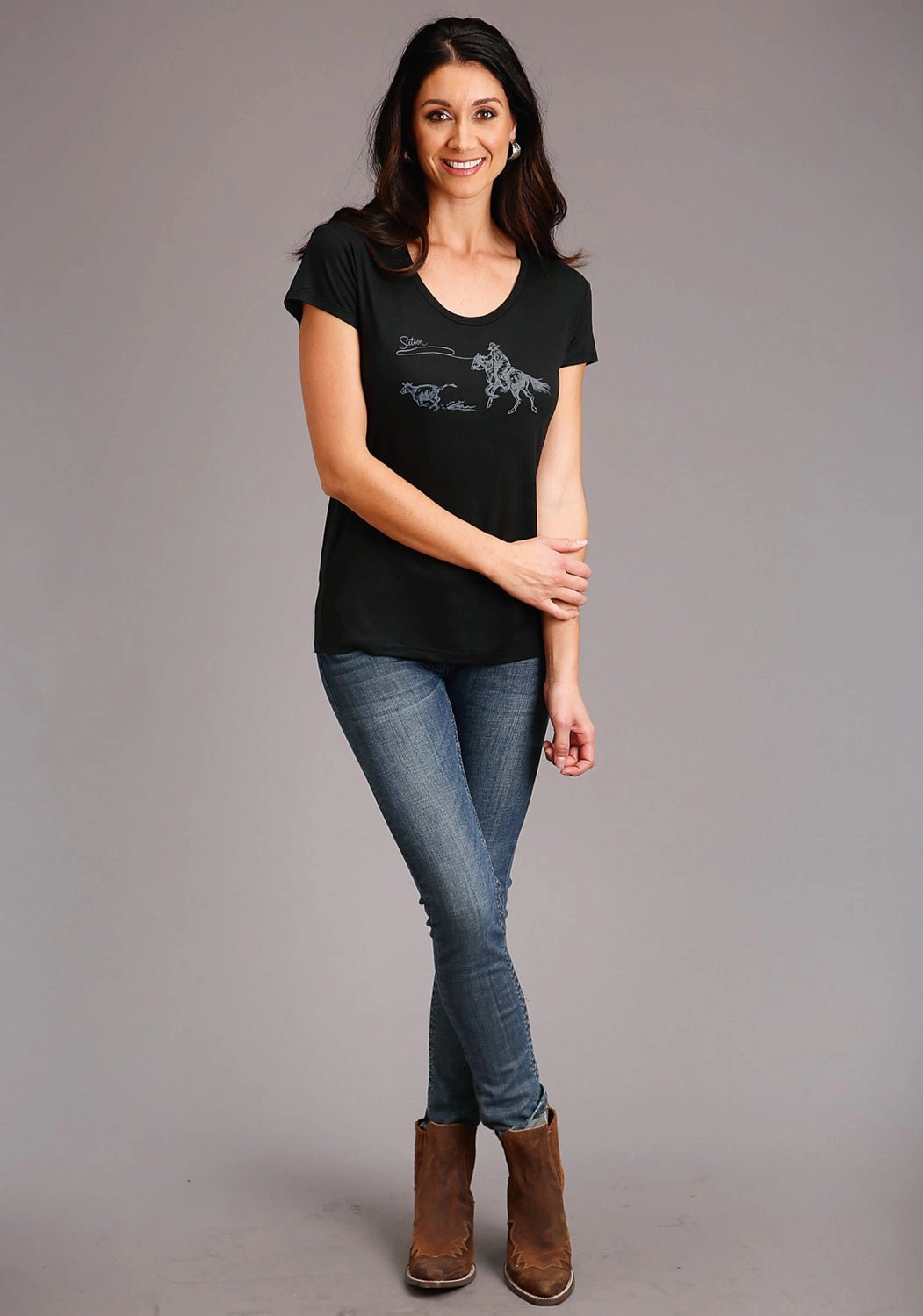 Social Meetup Stetson Womens Black Poly/Rayon Lasso Action S/S T-Shirt