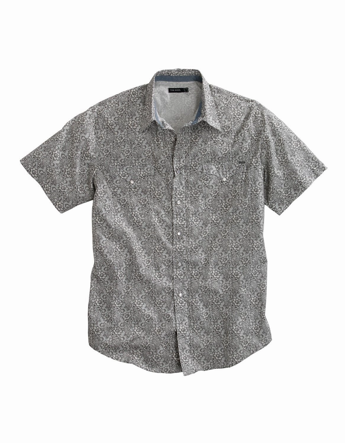 Non Irritating Seams Sleek Silhouette Tin Haul Mens Grey 100% Cotton Vintage Floral S/S Shirt