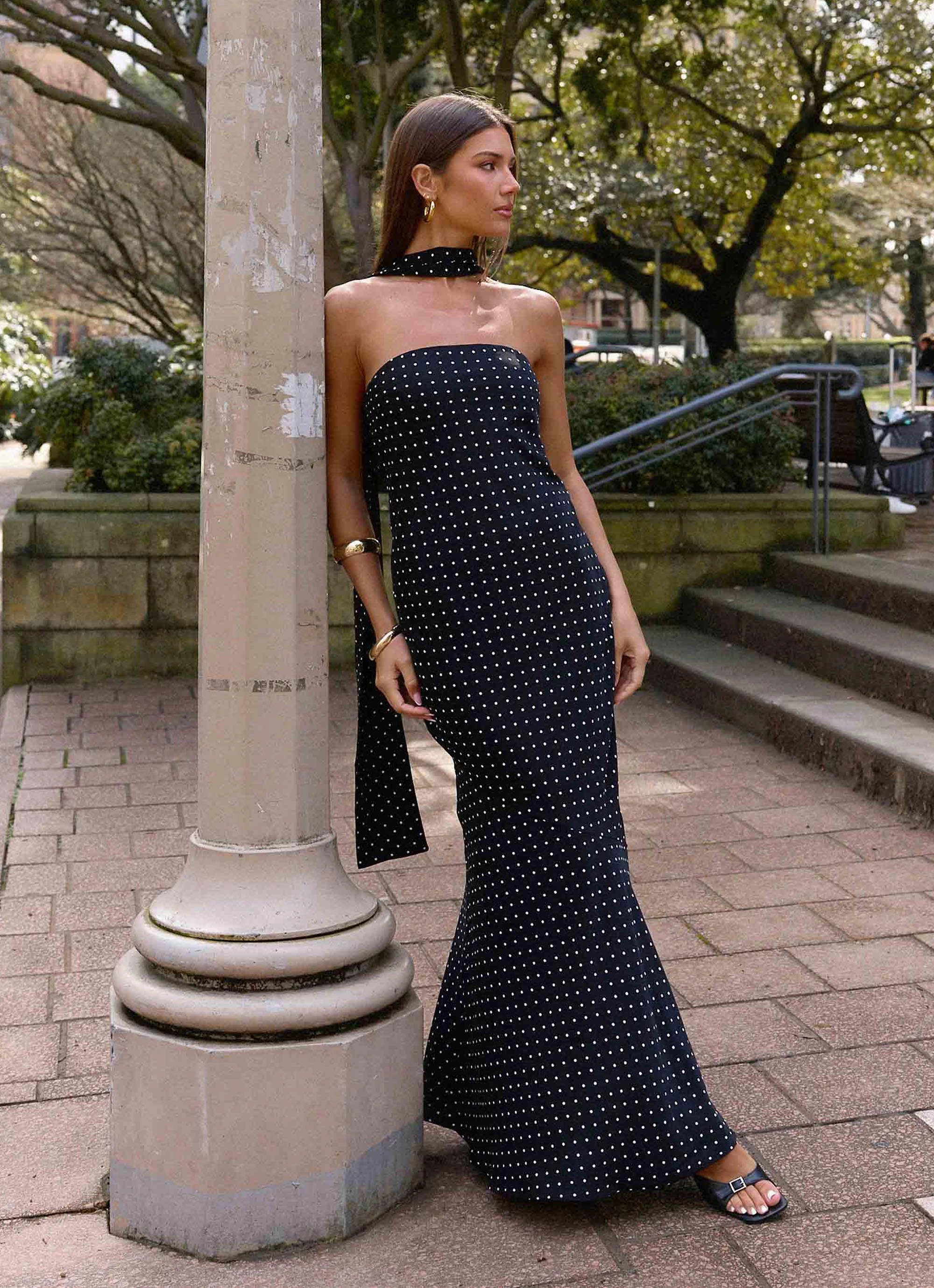 wrinkle free Under The Pagoda Maxi Dress - Black Polkadot Recycled Polyester Flexible Material