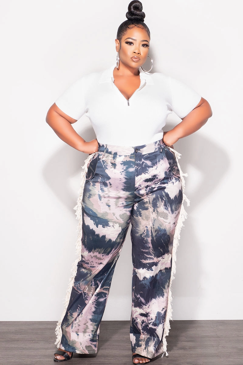 Multi Pocket System Compression Fit Final Sale Plus Size Pants with Beige Fringes On The Side in Navy & Beige & Olive - Grunge Paint G602