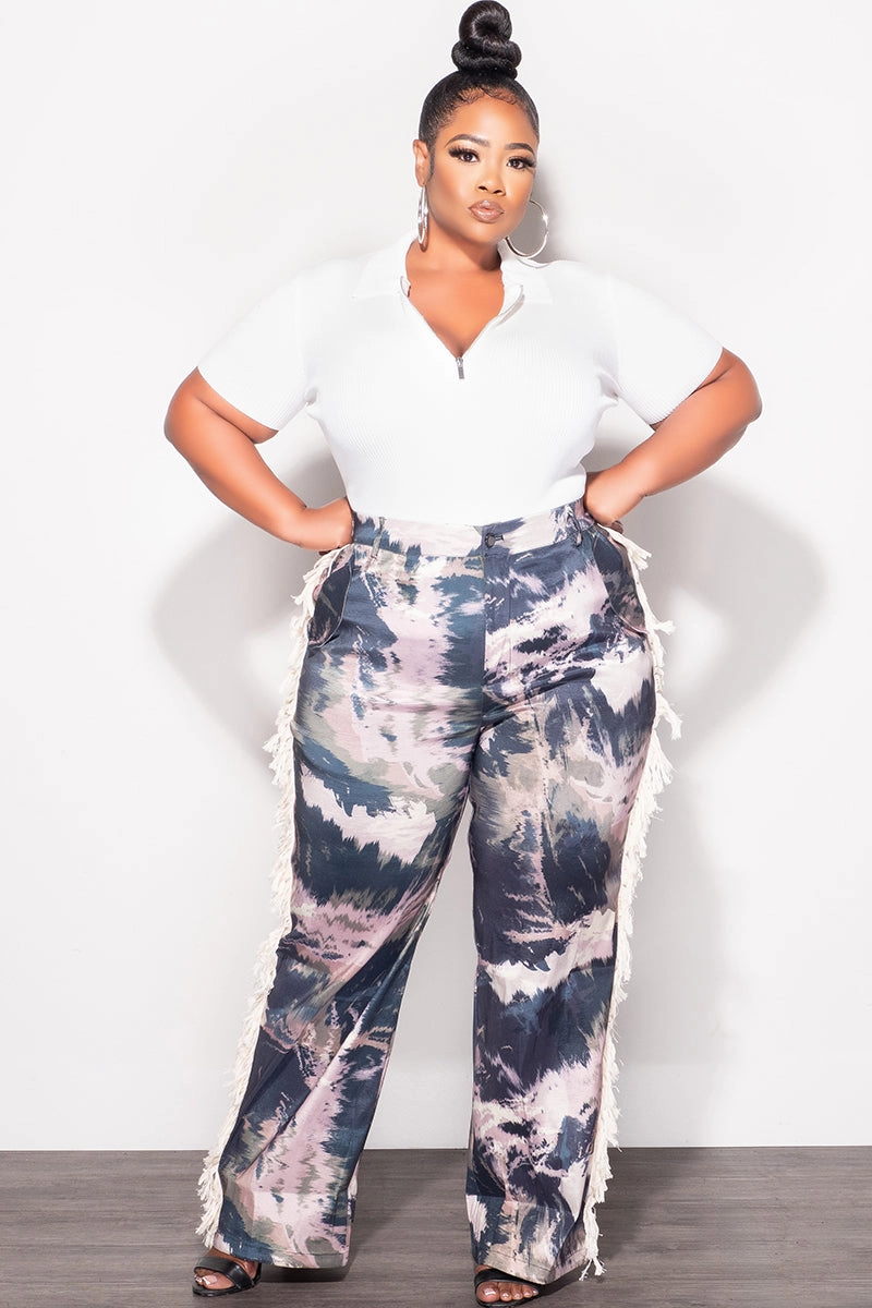 Final Sale Plus Size Pants with Beige Fringes On The Side in Navy & Beige & Olive - Grunge Paint G602 Tagless Labeling StainResistantCoating