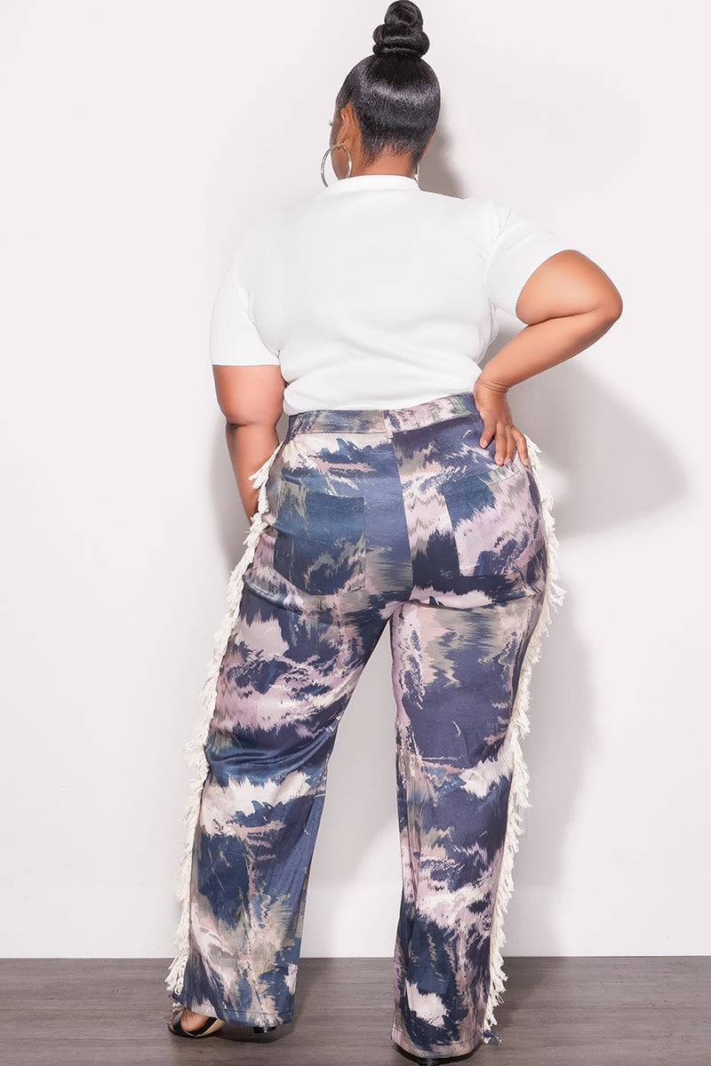 Final Sale Plus Size Pants with Beige Fringes On The Side in Navy & Beige & Olive - Grunge Paint G602 AbrasionResistantPanels
