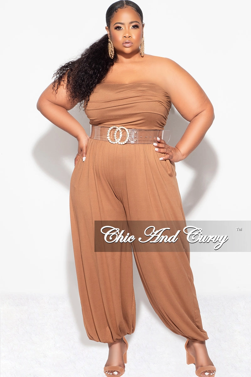 Organic Cotton Tight Cut Final Sale Plus Size Strapless Jumpsuit in Brown