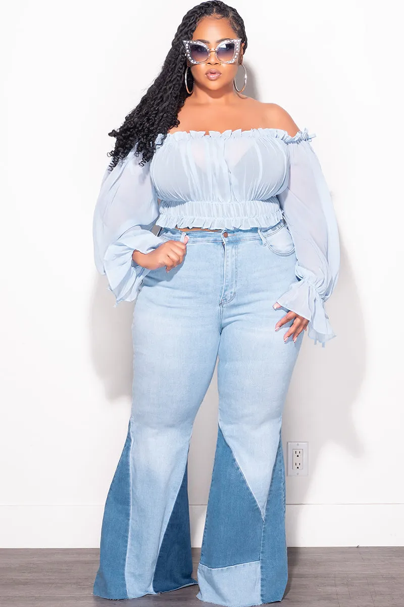Final Sale Plus Size Chiffon Sheer Balloon Sleeve Crop Top in Light Blue Comfort Stretch MultiPocketDesign