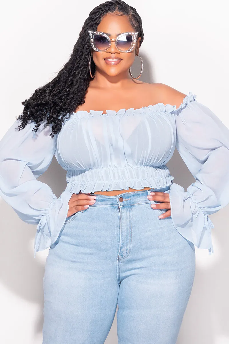 All-day Flex Modern Layer Final Sale Plus Size Chiffon Sheer Balloon Sleeve Crop Top in Light Blue
