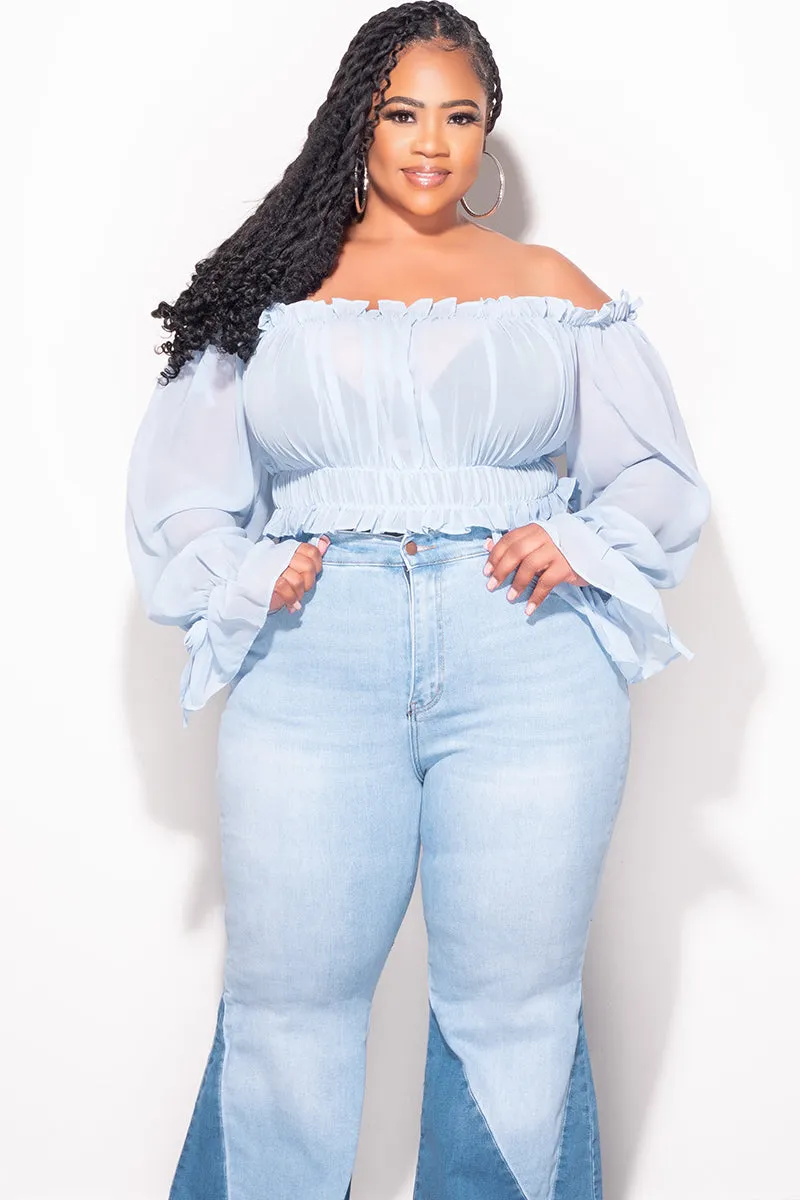 Day Comfort Final Sale Plus Size Chiffon Sheer Balloon Sleeve Crop Top in Light Blue