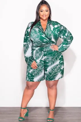 Final Sale Plus Size 2pc Crop Top & Bermuda Short Set in Green Palm Print Performance Fit