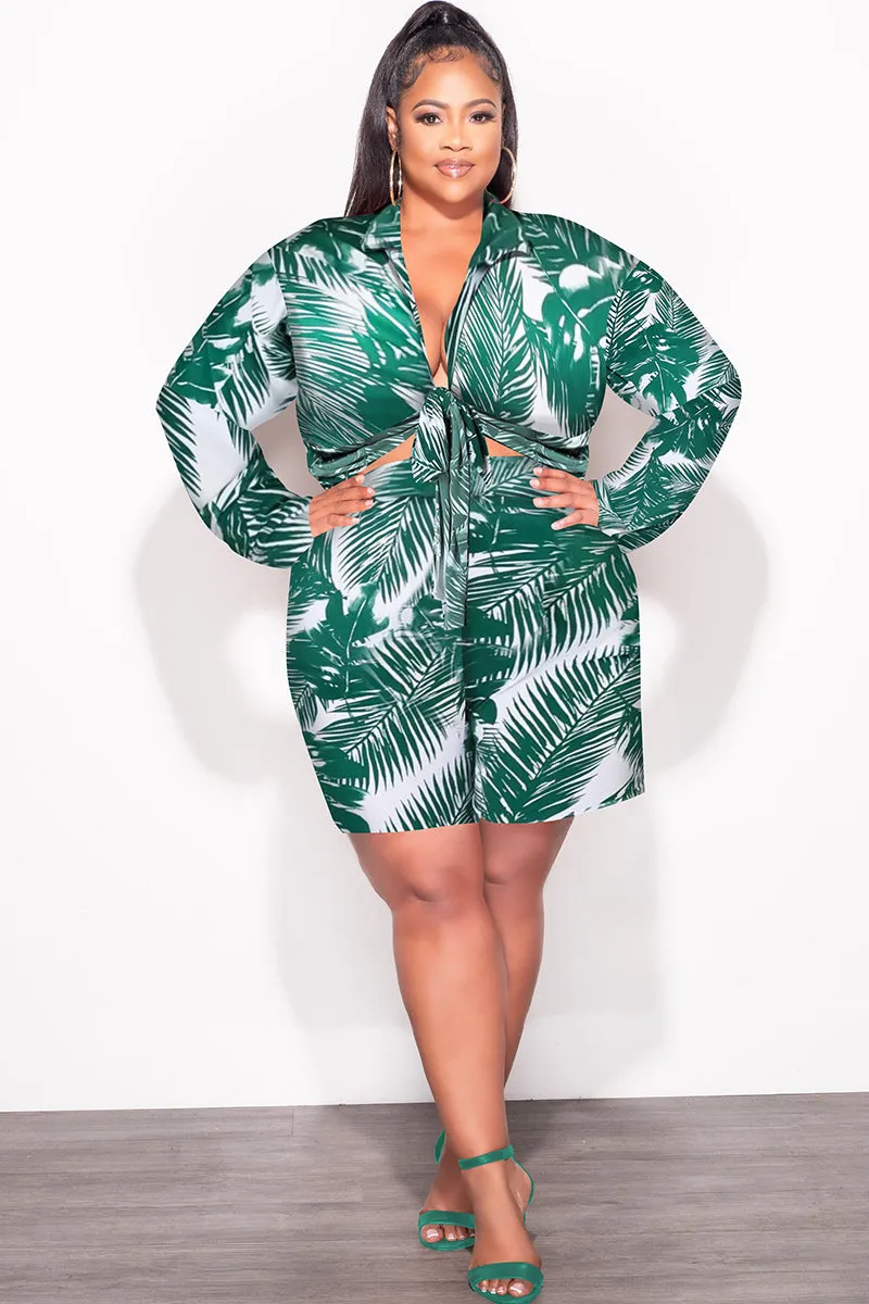 Final Sale Plus Size 2pc Crop Top & Bermuda Short Set in Green Palm Print Abrasion Resistant Material