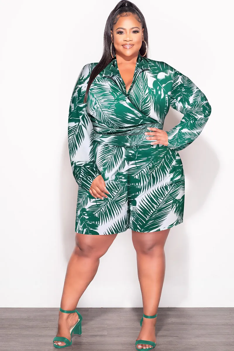 Final Sale Plus Size 2pc Crop Top & Bermuda Short Set in Green Palm Print Perfect Movement