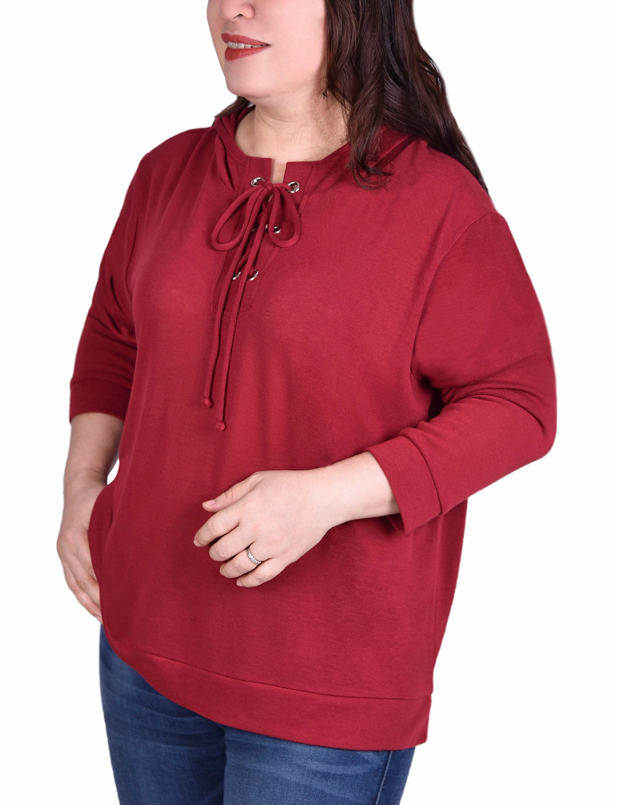 Wear Resistant Edge Multi Pocket Functional Design Plus Size Long Sleeve Hoodie Top With Laced Yoke