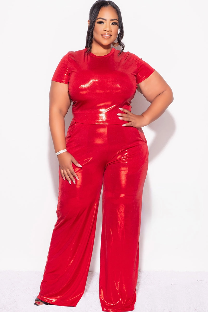 LayeredSleeveConstruction Final Sale Plus Size 2pc Crop Top & Palazzo Pant Set in Metallic Red