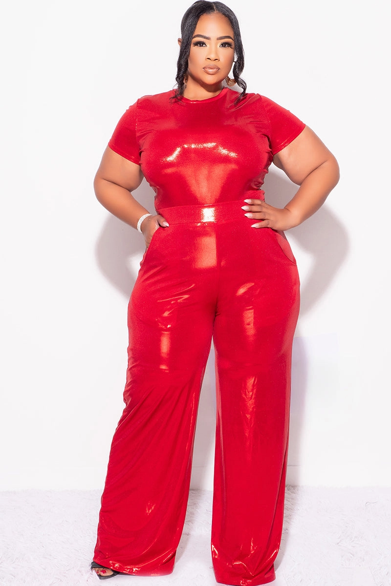 StainResistantFinish Garment Washed Final Sale Plus Size 2pc Crop Top & Palazzo Pant Set in Metallic Red