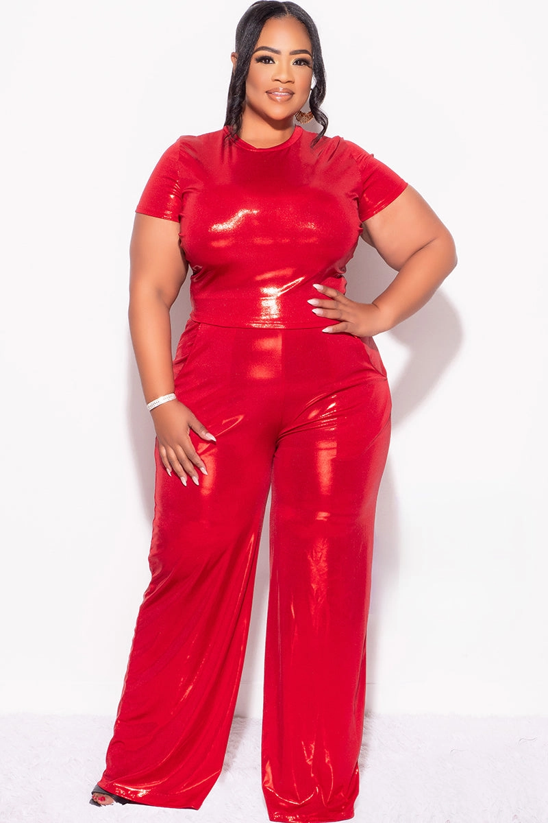 UPF Protective Fabric Final Sale Plus Size 2pc Crop Top & Palazzo Pant Set in Metallic Red