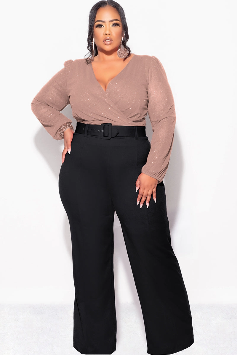 Final Sale Plus Size Sheer Glitter Faux Wrap Top in Tan Ribbed Neckline