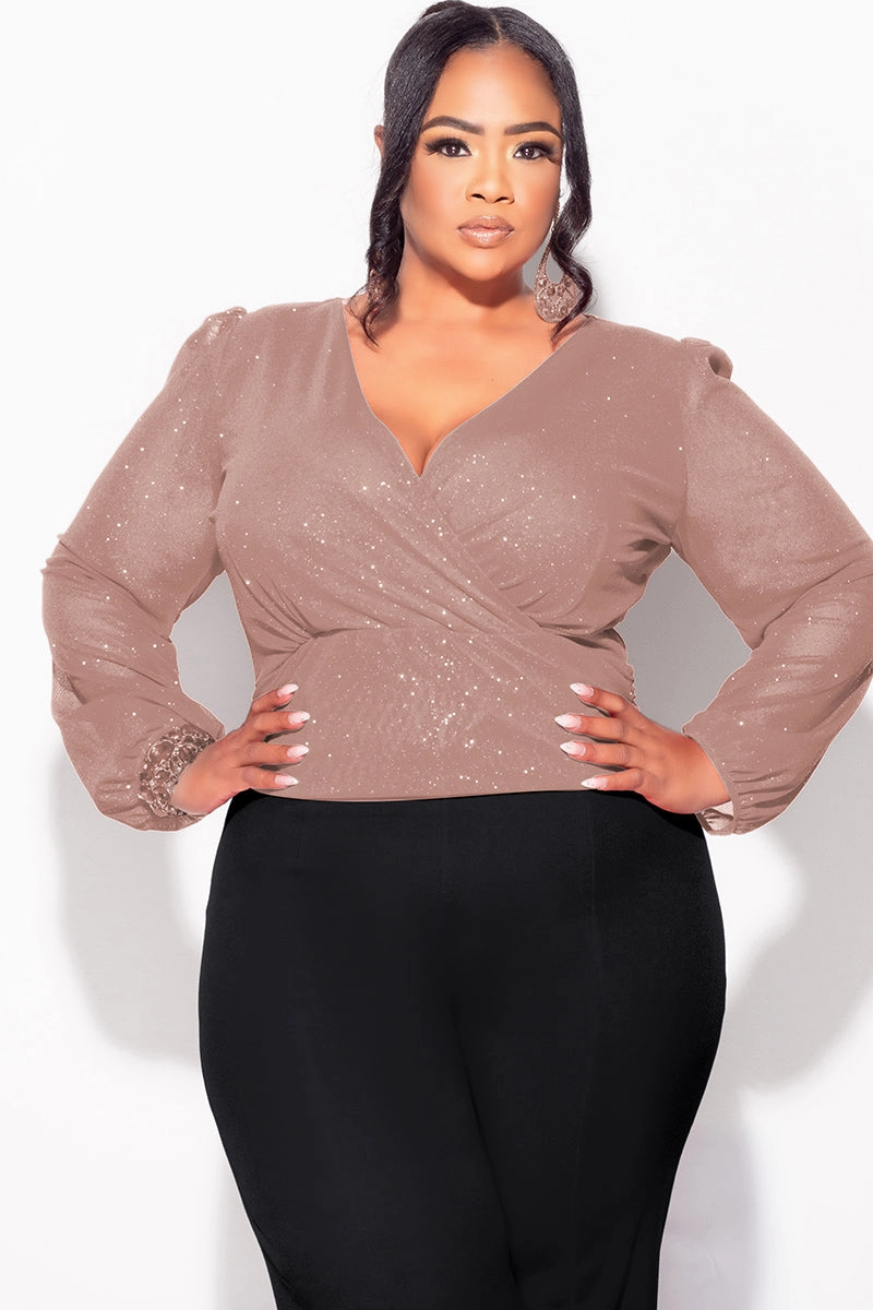 Final Sale Plus Size Sheer Glitter Faux Wrap Top in Tan Minimalist fashion