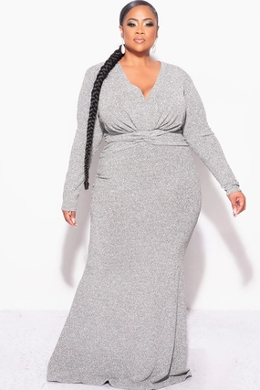 Flattering Drape Basic Sweatshirt Final Sale Plus Size V-Neck Gown with Twisted Waist Band in Silver Foil Fabric