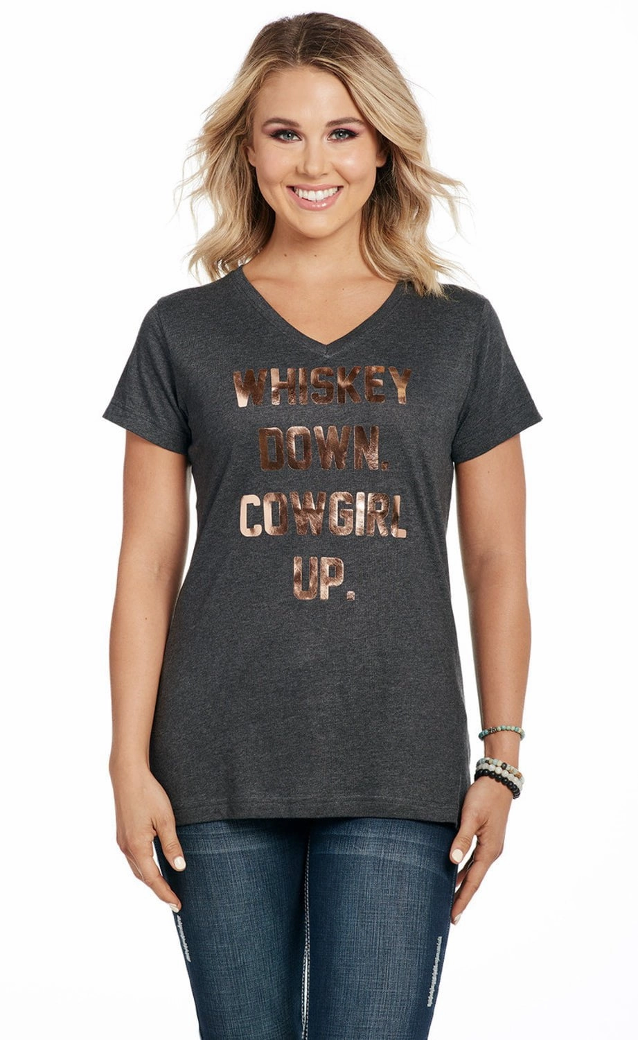 Cowgirl Up Womens Whiskey Down Heather Grey 100% Cotton S/S T-Shirt High Density Weave
