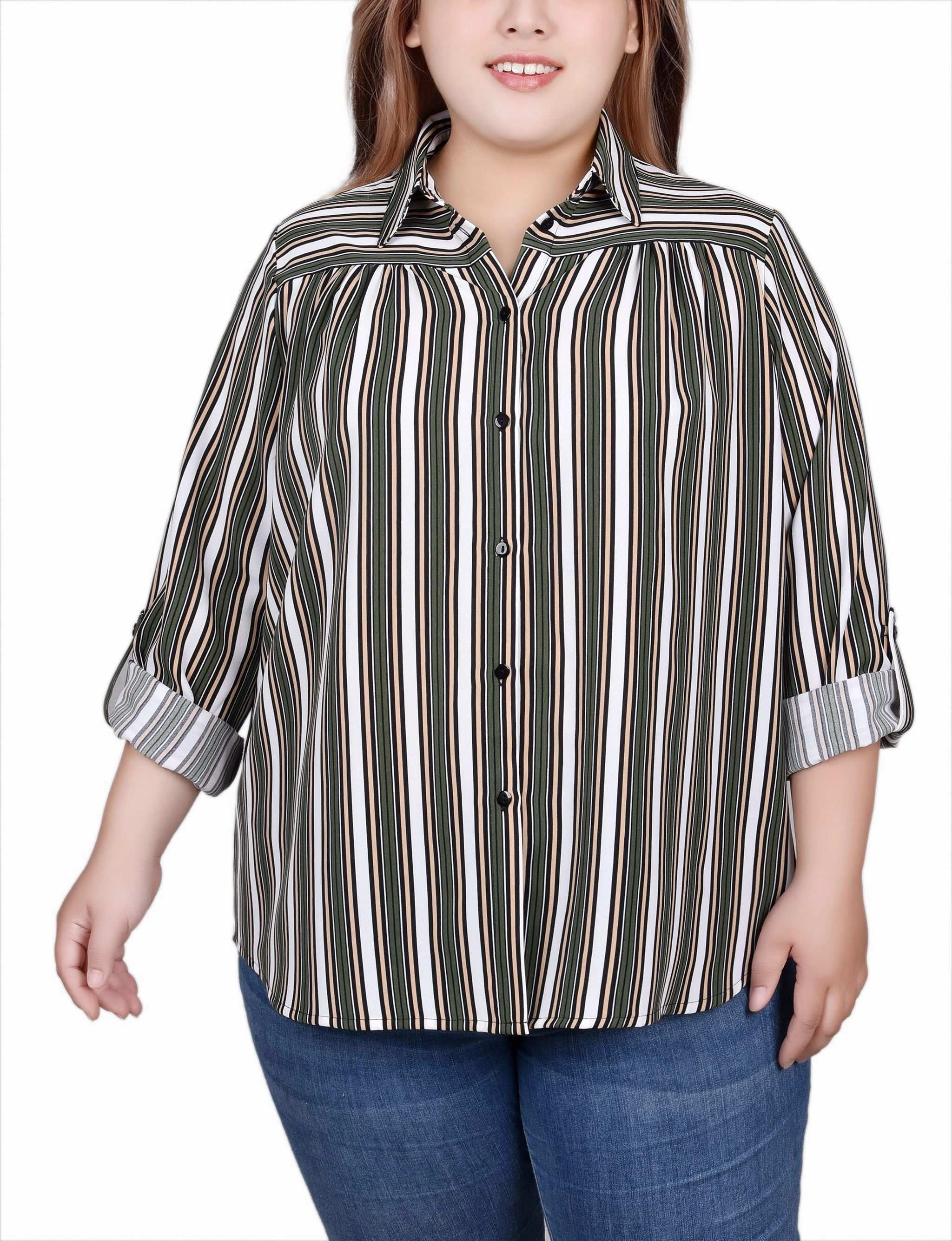 Plus Size Long Roll Tab Sleeve Blouse Fray Resistant Edges