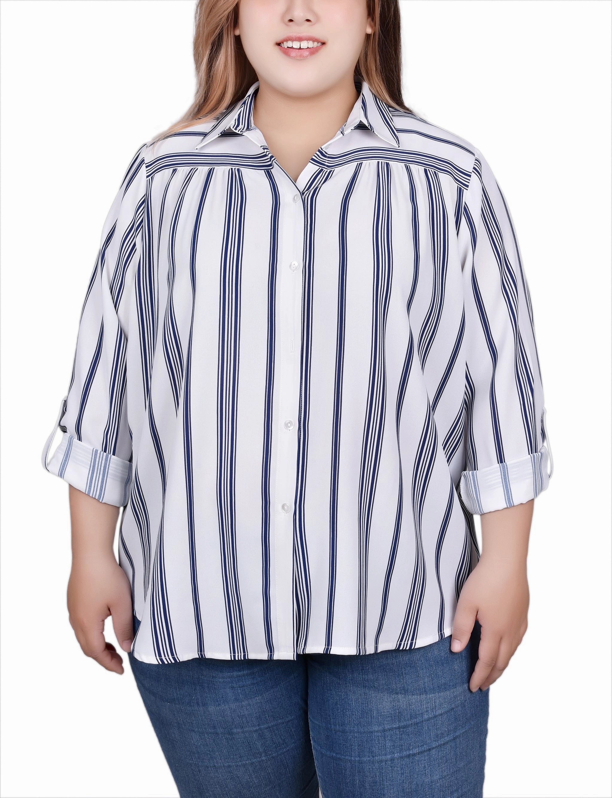 WrinkleFree Weaving Activewear Top Plus Size Long Roll Tab Sleeve Blouse