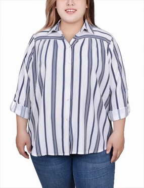 WrinkleFree Weaving Activewear Top Plus Size Long Roll Tab Sleeve Blouse