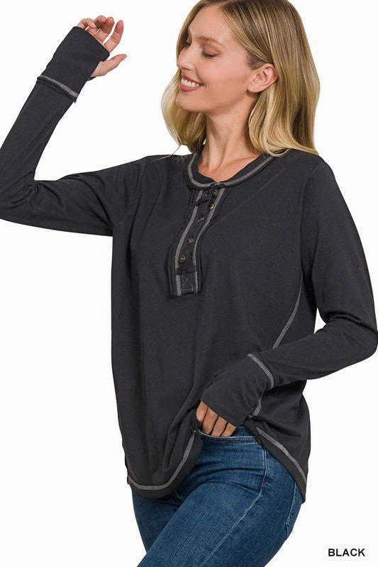 Tori Thumb Hole Cuffs Button Closure Long Sleeve Top NonChafe Tag Placement