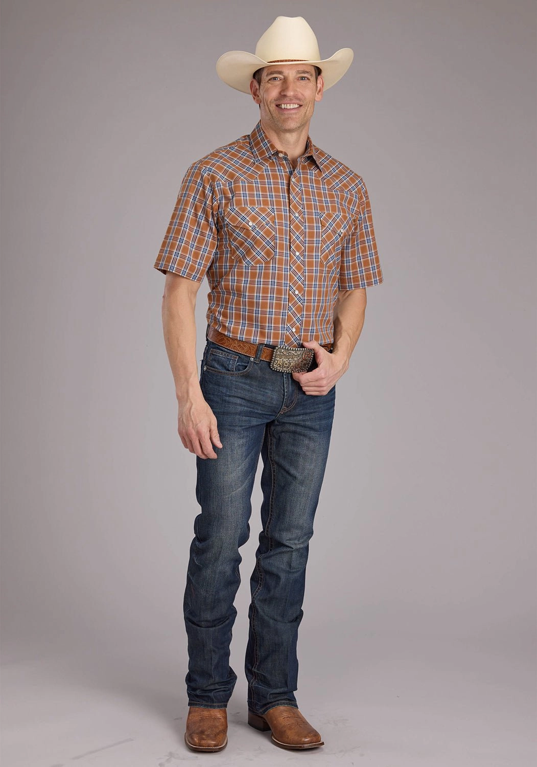 Wrinkle Resistant Roper Mens 2411 Plaid Rust Cotton Blend S/S Shirt