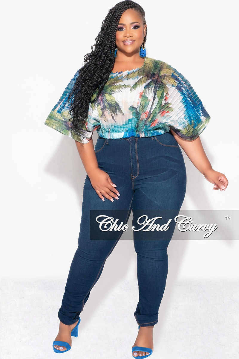 Final Sale Plus Size Sheer Pleated Top in Olive & Blue Palm Print Tagless Design ArticulatedJoints