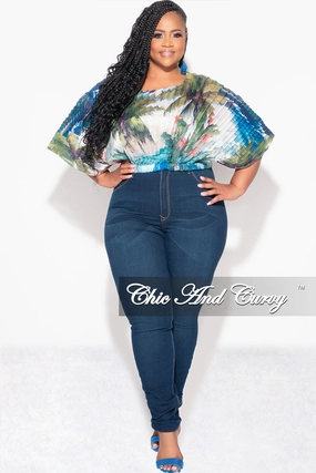SecureClosures Final Sale Plus Size Sheer Pleated Top in Olive & Blue Palm Print