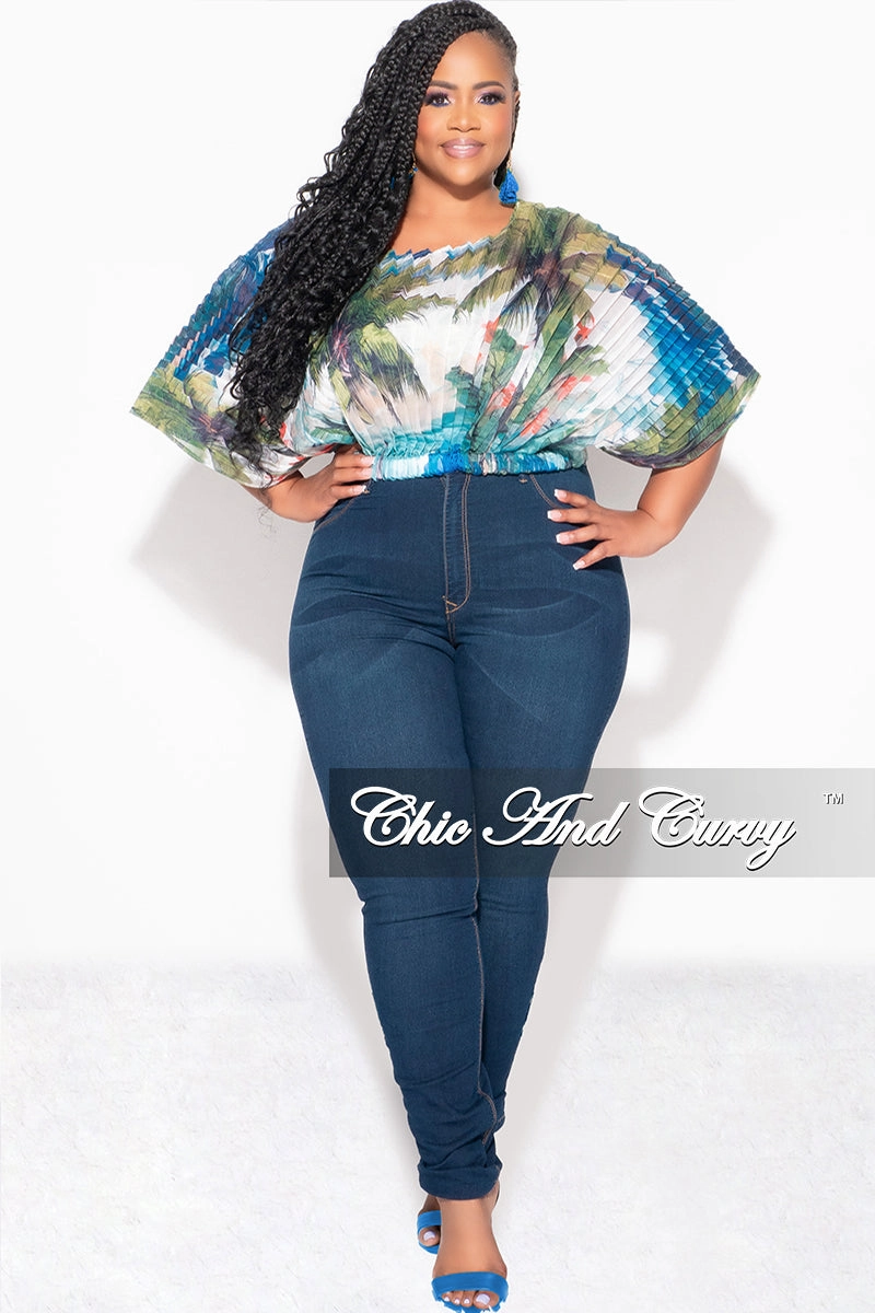 Final Sale Plus Size Sheer Pleated Top in Olive & Blue Palm Print Slim Waist