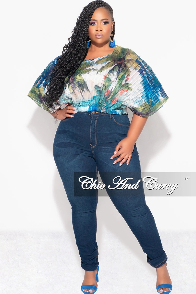Friction Resistant Fabric Final Sale Plus Size Sheer Pleated Top in Olive & Blue Palm Print