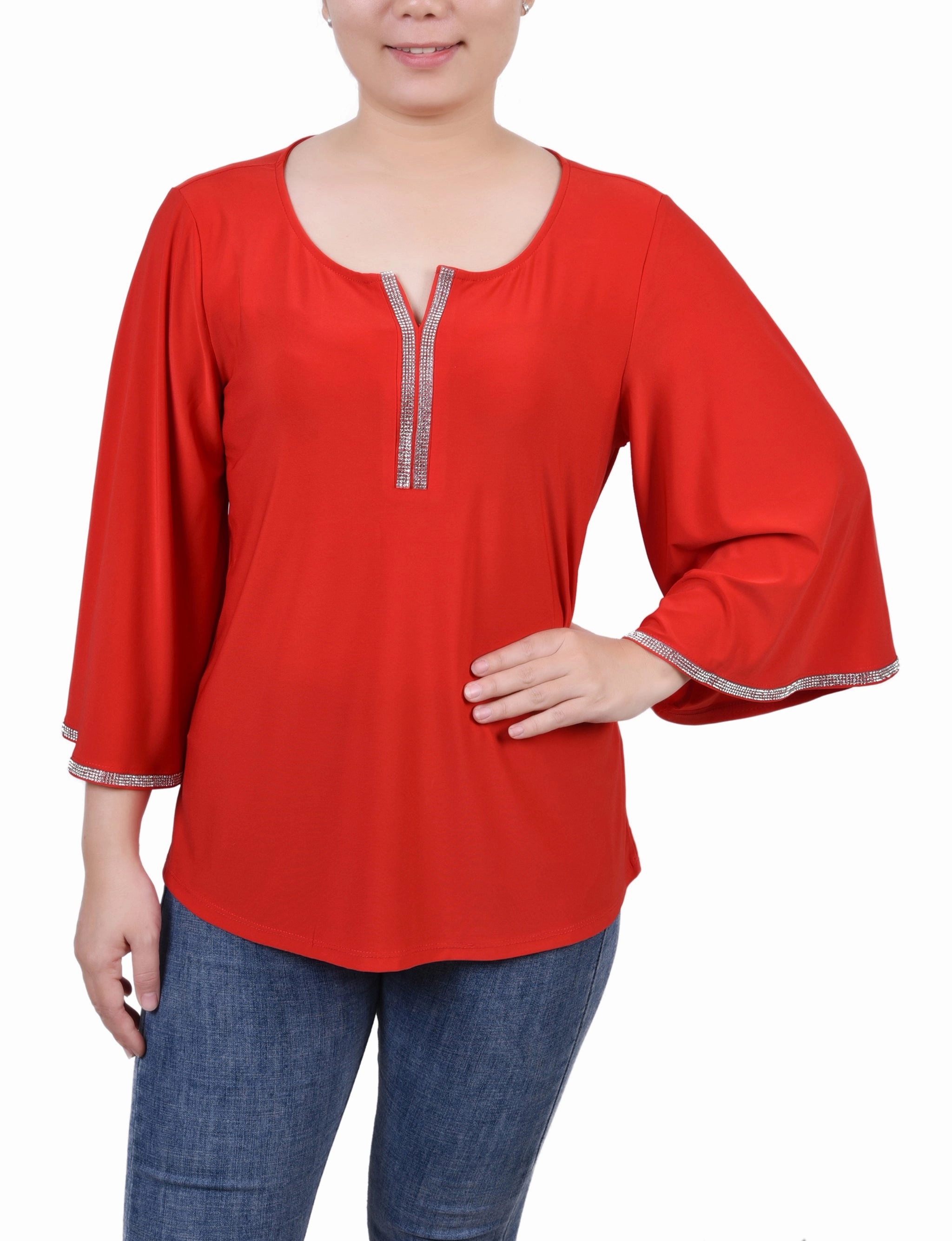 Multi Pocket Configuration simple design 3/4 Bell Sleeve Top With Stones