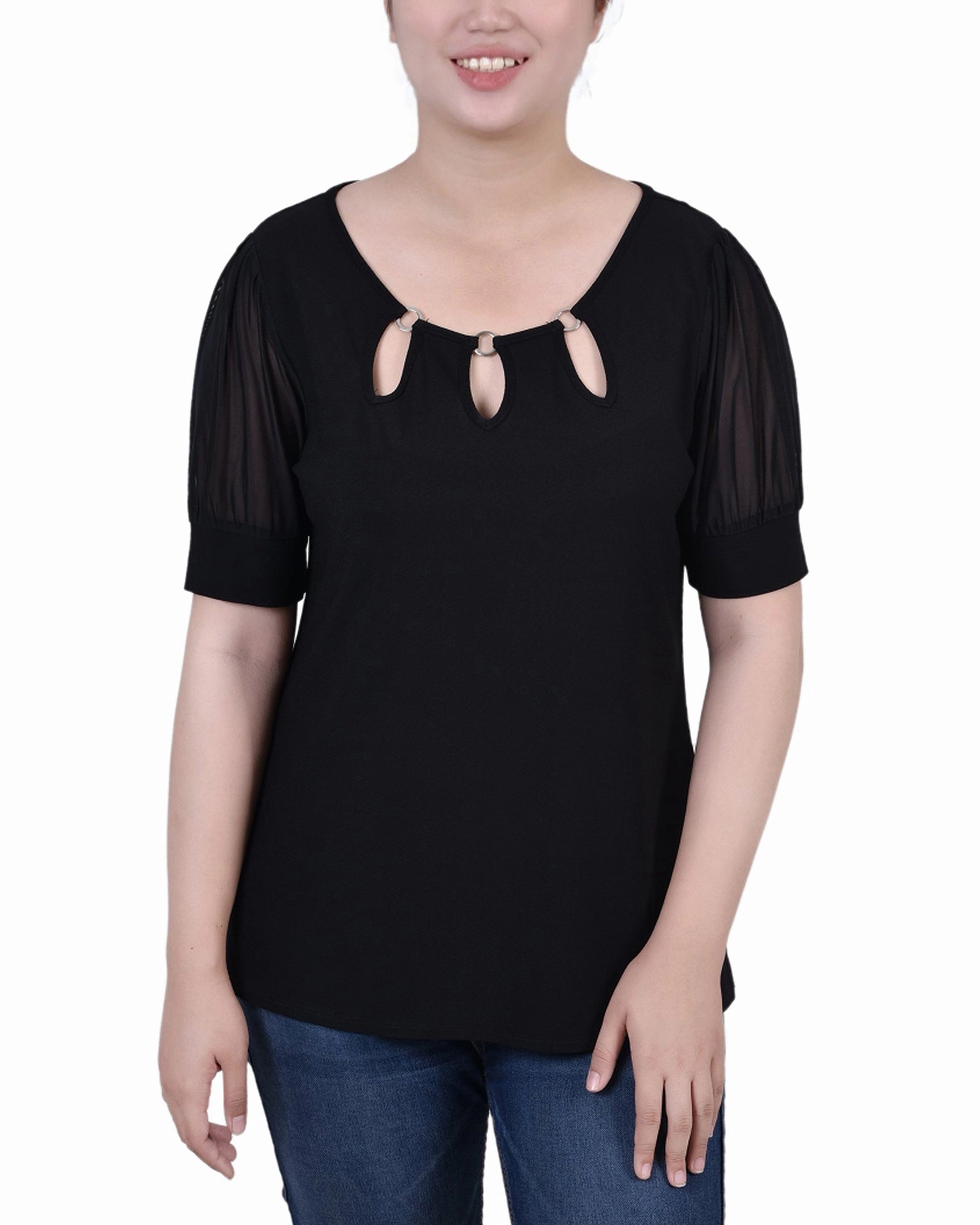 Timeless Cut Biodegradable Fiber Blend Petite Short Sleeve Three-Ring Top